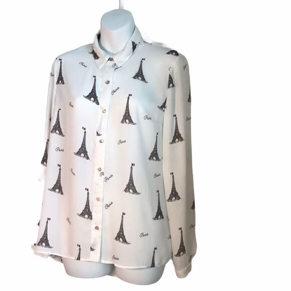 Forever 21 Paris Eiffel Graphic Print Tower Button Down Blouse White S - Picture 13 of 13